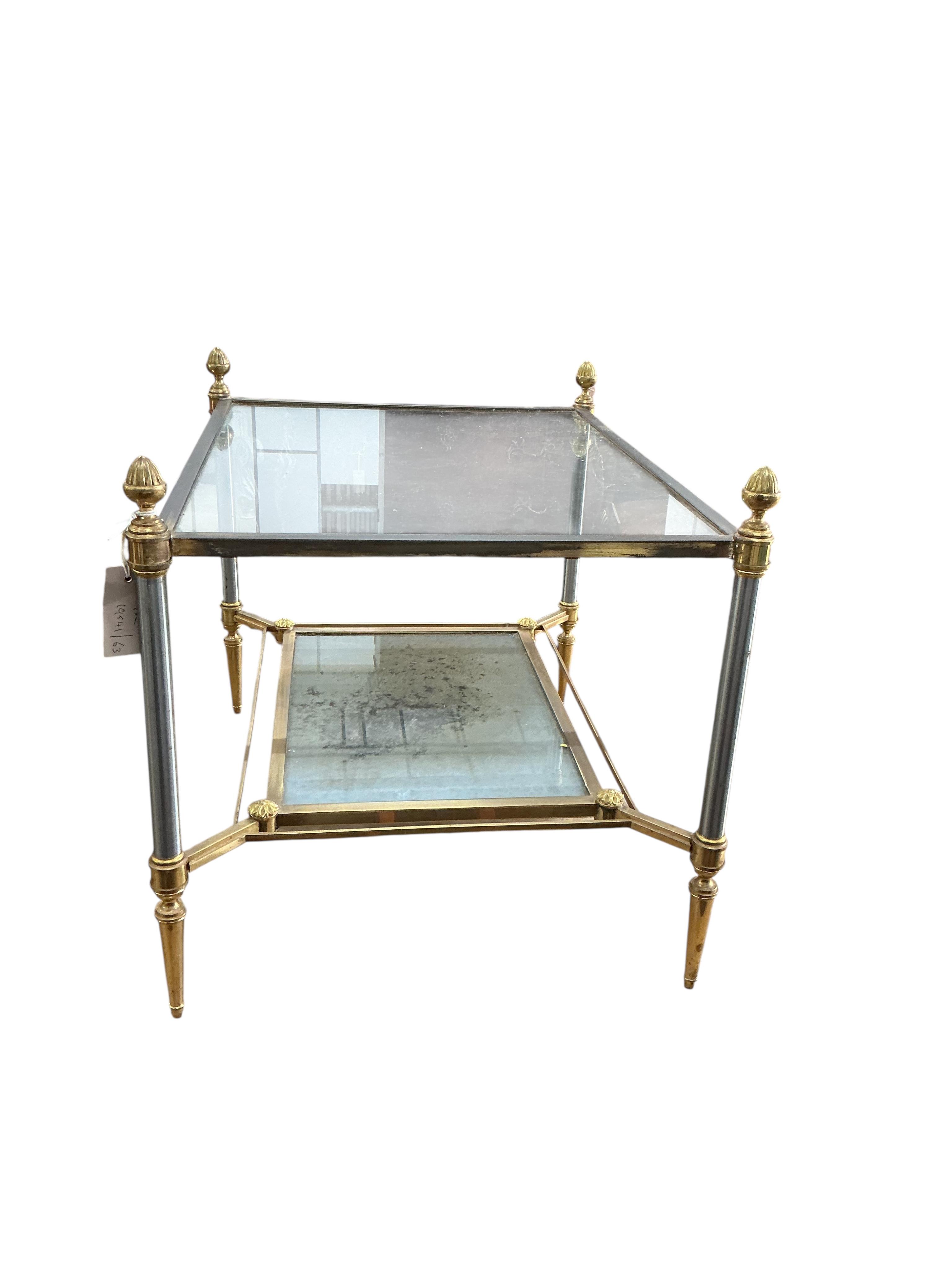 A pair of Maison Jansen style brass and steel rectangular occasional tables with mirrored undertiers, width 62cm, depth 48cm, height 48cm